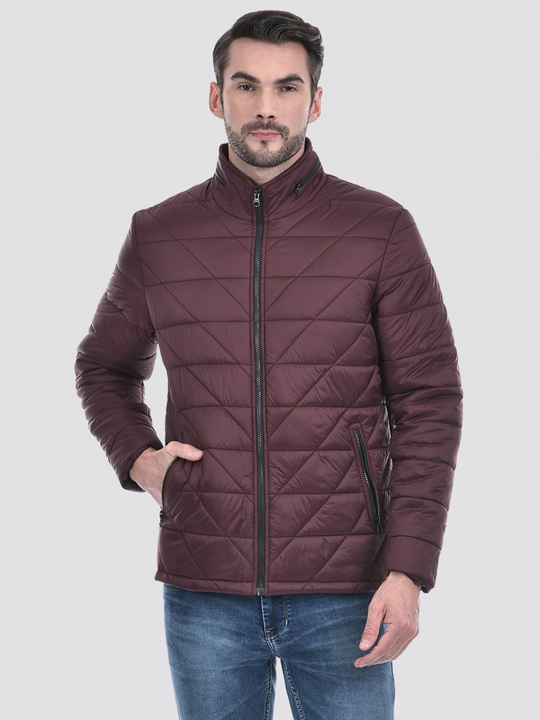 Numero Uno Men Quilted Solid Wine Regular Fit Jacket